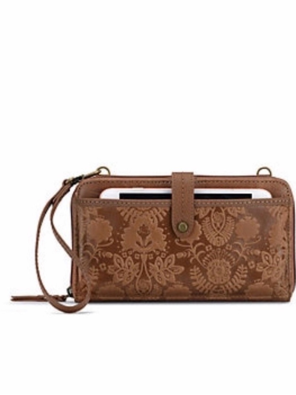 Saks Fifth Avenue Brown Floral-Embossed Leather Wristlet